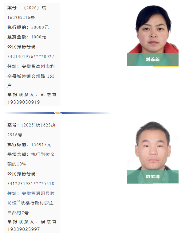 重金悬赏！利辛法院曝光10名被执行人，最高悬赏执行款10%
